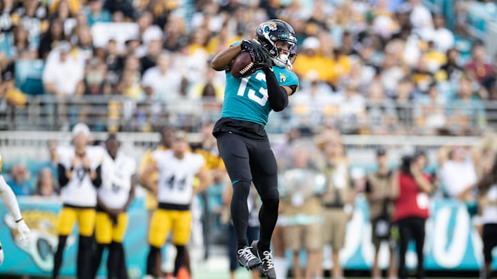 Aug 20, 2022; Jacksonville, Florida, USA; Jacksonville Jaguars wide receiver Christian Kirk (13) makes a catch during the first half against the Pittsburgh Steelers at TIAA Bank Field. Mandatory Credit: Matt Pendleton-Imagn Images