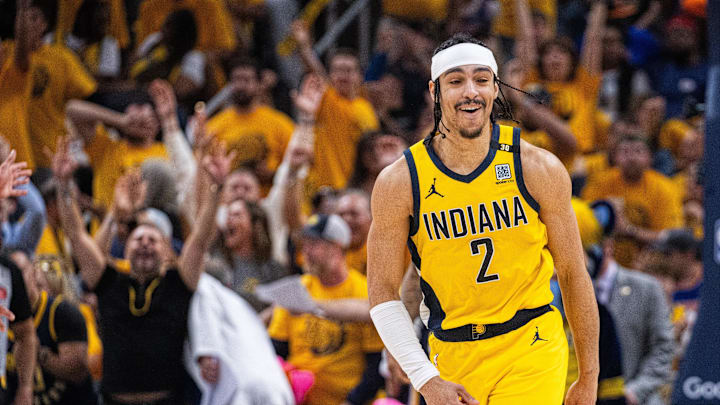 May 17, 2024; Indianapolis, Indiana, USA; Indiana Pacers guard Andrew Nembhard (2) celebrates a made