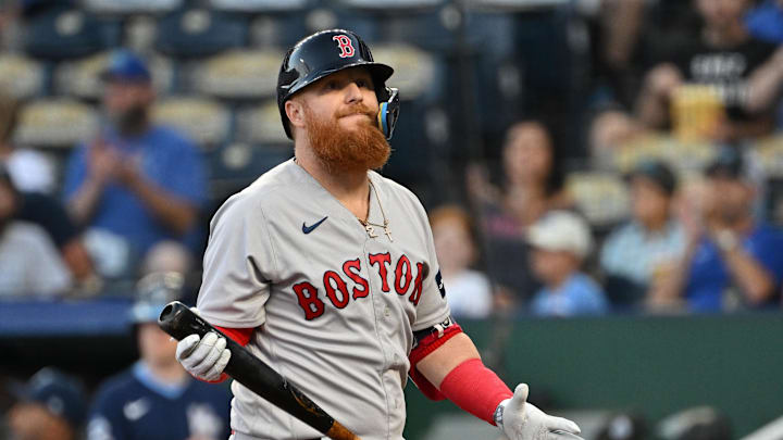 Sep 1, 2023; Kansas City, Missouri, USA; Boston Red Sox designated hitter Justin Turner (2) reacts