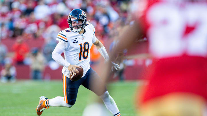 Dec 8, 2024; Santa Clara, California, USA; Chicago Bears quarterback Caleb Williams (18) scrambles during the fourth quarter against the San Francisco 49ers at Levi's Stadium. Mandatory Credit: Bob Kupbens-Imagn Images