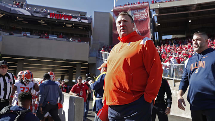 Oct 1, 2022; Madison, Wisconsin, USA;  Illinois Fighting Illini head coach Bret Bielema stands outside the team tunnel prior to the game against the Wisconsin Badgers at Camp Randall Stadium. 