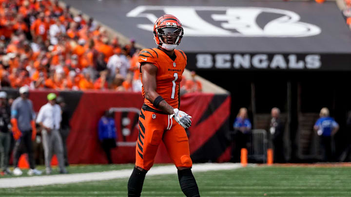 Cincinnati Bengals wide receiver Ja'Marr Chase (1) walks on the field in the third quarter of the NFL Week 1 game between the Cincinnati Bengals and the New England Patriots at Paycor Stadium in downtown Cincinnati on Sunday, Sept. 8, 2024. The Patriots won the season opener, 16-10. Cincinnati Bengals wide receiver Ja'Marr Chase (1) walks on the field in the third quarter of the NFL Week 1 game between the Cincinnati Bengals and the New England Patriots at Paycor Stadium in downtown Cincinnati on Sunday, Sept. 8, 2024. The Patriots won the season opener, 16-10.