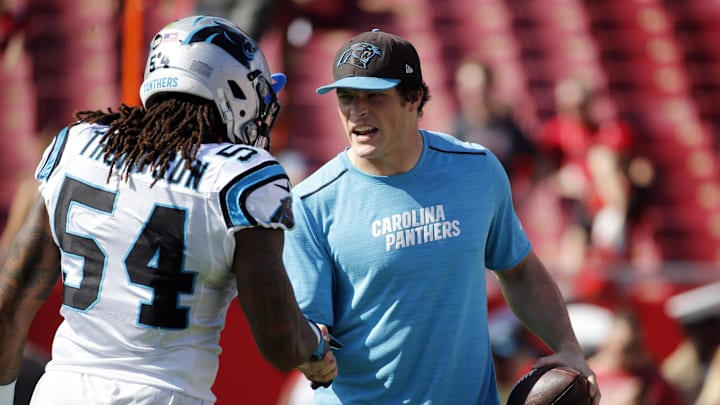 Jan 1, 2017; Tampa, FL, USA; Carolina Panthers middle linebacker Luke Kuechly (59) talks with outside linebacker Shaq Green-Thompson (54) prior to the game against the Tampa Bay Buccaneers at Raymond James Stadium. Mandatory Credit: Kim Klement-Imagn Images Jan 1, 2017; Tampa, FL, USA; Carolina Panthers middle linebacker Luke Kuechly (59) talks with outside linebacker Shaq Green-Thompson (54) prior to the game against the Tampa Bay Buccaneers at Raymond James Stadium. Mandatory Credit: Kim Klement-Imagn Images
