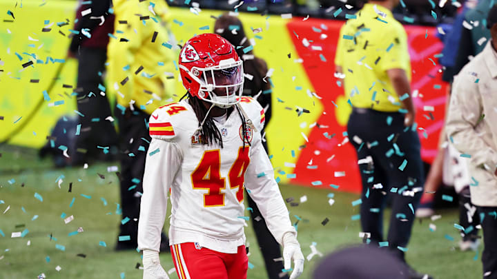 Feb 9, 2025; New Orleans, LA, USA; Kansas City Chiefs linebacker Cam Jones (44) walks off the field after losing against the Philadelphia Eagles in Super Bowl LIX at Caesars Superdome. Mandatory Credit: Bill Streicher-Imagn Images