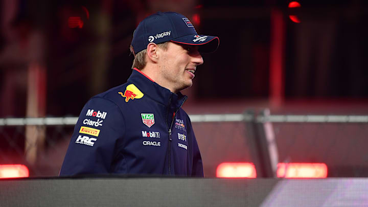 Nov 23, 2024; Las Vegas, Nevada, USA; Oracle Red Bull Racing driver Max Verstappen (1)  is introduced before the Las Vegas Grand Prix at Las Vegas Circuit. Mandatory Credit: Gary A. Vasquez-Imagn Images