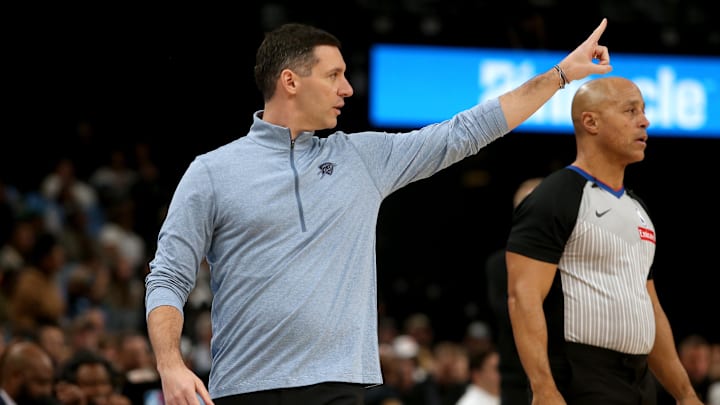 Jan 9, 2026; Memphis, Tennessee, USA; Oklahoma City Thunder head coach Mark Daigneault reacts during the second quarter against the Memphis Grizzlies at FedExForum. Mandatory Credit: Petre Thomas-Imagn Images