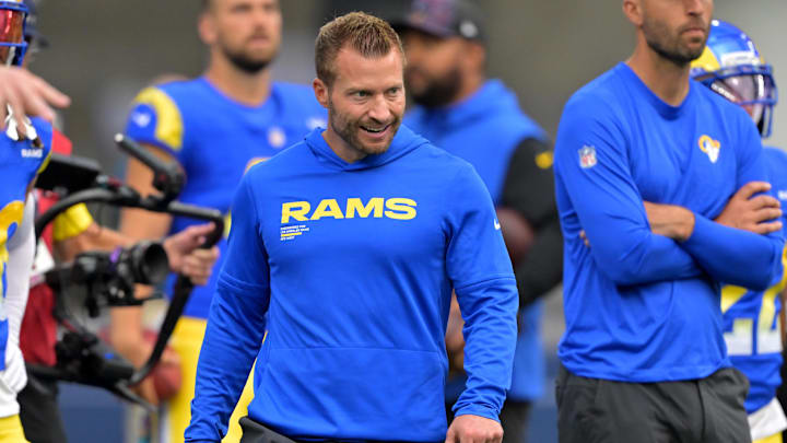 Sep 28, 2025; Inglewood, California, USA; Los Angeles Rams head coach Sean McVay on the field prior to the game against the Indianapolis Colts at SoFi Stadium. Mandatory Credit: Jayne Kamin-Oncea-Imagn Images