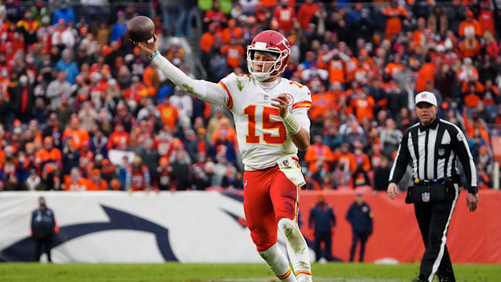 Jan 8, 2022; Denver, Colorado, USA; Kansas City Chiefs quarterback Patrick Mahomes (15) attempts a
