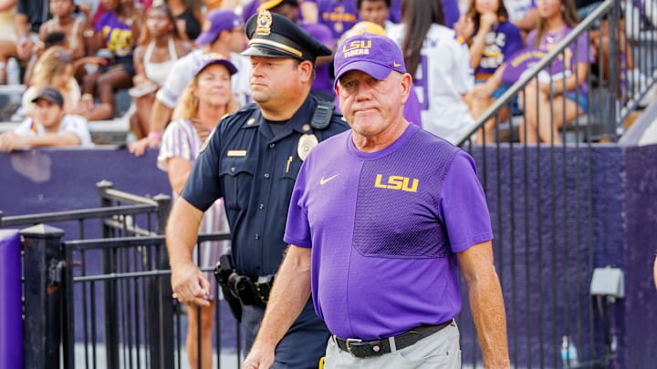 LSU Tigers head coach Brian Kelly looks on during warmups before the game against the Southeastern Louisiana Lions at Tiger Stadium. LSU Tigers head coach Brian Kelly looks on during warmups before the game against the Southeastern Louisiana Lions at Tiger Stadium.