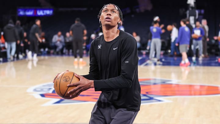 Feb 4, 2026; New York, New York, USA;  Denver Nuggets guard Peyton Watson (8) warms up prior to the game against the New York Knicks at Madison Square Garden. Mandatory Credit: Wendell Cruz-Imagn Images