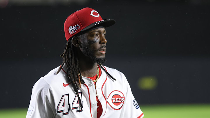 Aug 2, 2025; Bristol, Tennessee, USA; Cincinnati Reds shortstop Elly De La Cruz (44) looks on prior to the Speedway Classic game against the Atlanta Braves at Bristol Motor Speedway. Mandatory Credit: Randy Sartin-Imagn Images