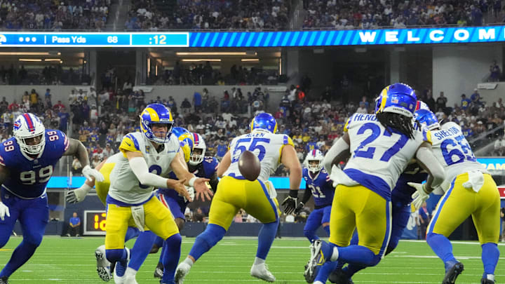 Sep 8, 2022; Inglewood, California, USA; Los Angeles Rams quarterback Matthew Stafford (9) tosses the ball in the third quarter against the Buffalo Bills at SoFi Stadium. Mandatory Credit: Kirby Lee-Imagn Images