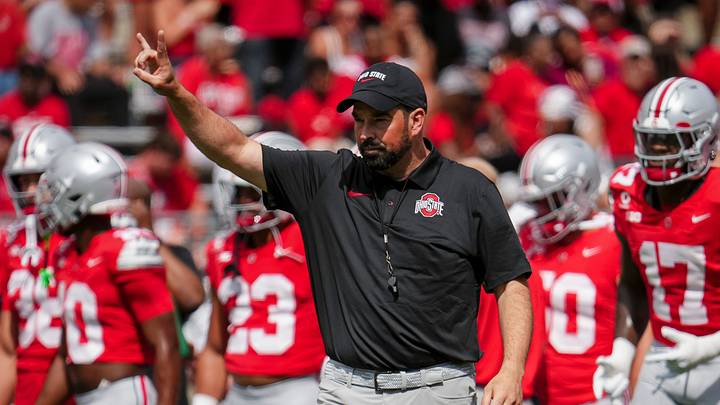 Ohio State Buckeyes head coach Ryan Day leads warm ups prior to the NCAA football game at Ohio Stadium in Columbus on Sept. 5, 2026.
