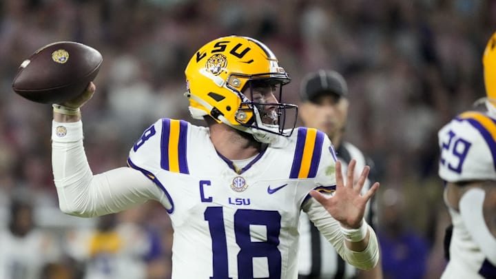 Nov 8, 2025; Tuscaloosa, Alabama, USA; LSU quarterback Garrett Nussmeier (18) throws a pass during the second half of the game with Alabama at Saban Field at Bryant-Denny Stadium. Alabama defeated LSU 20-9. Mandatory Credit: Gary Cosby Jr.-Imagn Images Nov 8, 2025; Tuscaloosa, Alabama, USA; LSU quarterback Garrett Nussmeier (18) throws a pass during the second half of the game with Alabama at Saban Field at Bryant-Denny Stadium. Alabama defeated LSU 20-9. Mandatory Credit: Gary Cosby Jr.-Imagn Images
