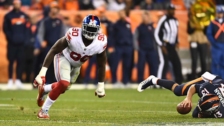 Oct 15, 2017; Denver, CO, USA; New York Giants defensive end Jason Pierre-Paul (90) reacts following his sack of Denver Broncos quarterback Trevor Siemian (13) in the fourth quarter at Sports Authority Field at Mile High.  