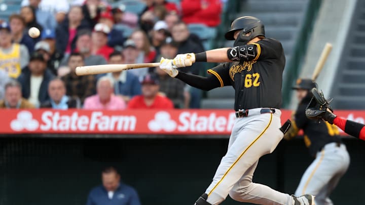 Pittsburgh Pirates first baseman Matt Gorski (62) hits a home run during the first inning against the Los Angeles Angels at Angel Stadium. Gorski hits his first MLB home run in the first MLB at bat. Pittsburgh Pirates first baseman Matt Gorski (62) hits a home run during the first inning against the Los Angeles Angels at Angel Stadium. Gorski hits his first MLB home run in the first MLB at bat.