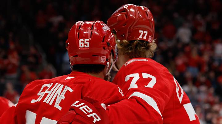 Mar 24, 2026; Detroit, Michigan, USA;  Detroit Red Wings right wing Dominik Shine (65) receives congratulations from defenseman Simon Edvinsson (77)  after scoring in the second period against the Ottawa Senators at Little Caesars Arena. Mandatory Credit: Rick Osentoski-Imagn Images