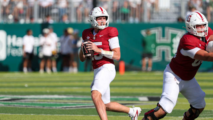 Stanford's Ben Gulbranson looks downfield vs Hawaii