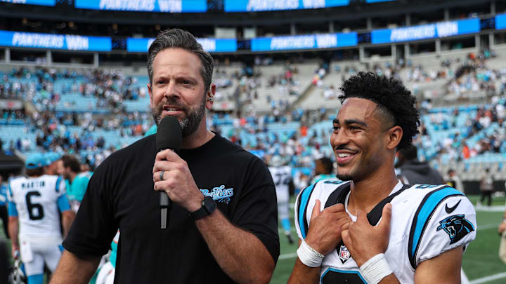 Carolina Panthers quarterback Bryce Young (9) reacts during an interview following the game against the Miami Dolphins