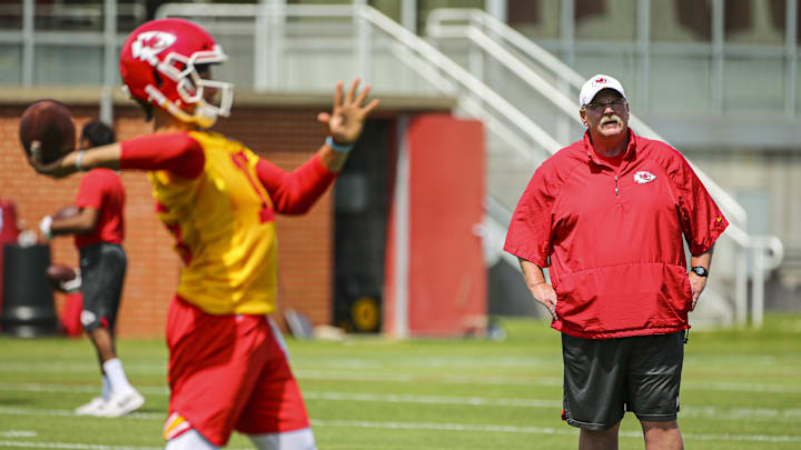 Jun 11, 2019; Kansas City, MO, USA; Kansas City Chiefs head coach Andy Reid and quarterback Patrick Mahomes (15) during minicamp at University of Kansas Health System Training Complex. Mandatory Credit: Jay Biggerstaff-Imagn Images