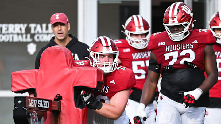 Indiana’s Pat Coogan (78) goes through drills during spring practice at Memorial Stadium on Thursday, April 3, 2025. Indiana’s Pat Coogan (78) goes through drills during spring practice at Memorial Stadium on Thursday, April 3, 2025.