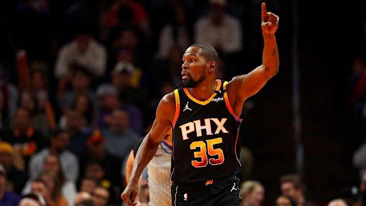 Nov 26, 2024; Phoenix, Arizona, USA; Phoenix Suns forward Kevin Durant (35) celebrates after a play during the first quarter against the Los Angeles Lakers at Footprint Center. Mandatory Credit: Mark J. Rebilas-Imagn Images