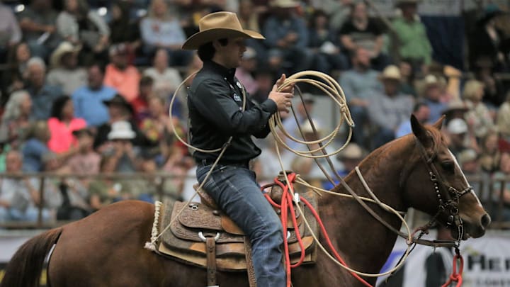 San Angeloan Ty Harris gets ready to ride out of the arena after competing in tie-down roping at the Cinch Chute-Out at Foster Communications Coliseum on Saturday, April 16, 2022.

Cinch Chute Out Ty Harris On Horse