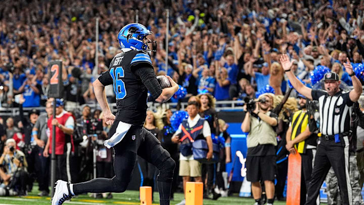 Detroit Lions quarterback Jared Goff makes a catch for a touchdown against Seattle Seahawks during the second half at Ford Field.