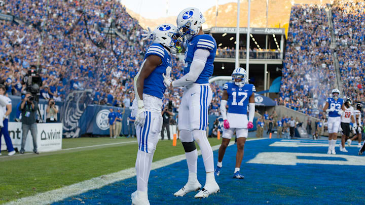 BYU receivers Darius Lassiter and Chase Roberts celebrate in the endzone