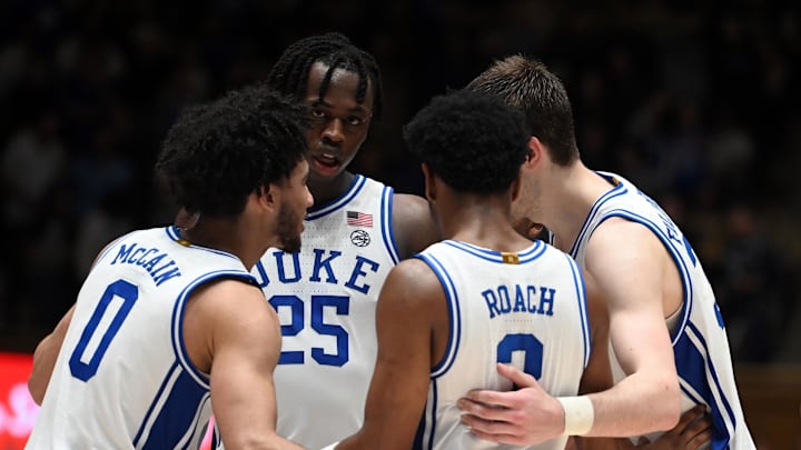 Feb 12, 2024; Durham, North Carolina, USA;  Duke Blue Devils guard Jared McCain (0)  forward Mark