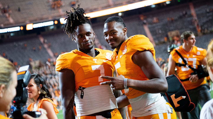 Tennessee quarterbacks Joe Milton III (7) and Hendon Hooker (5) after Tennessee's football game against Akron in Neyland Stadium in Knoxville, Tenn., on Saturday, Sept. 17, 2022.