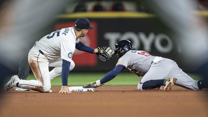 Apr 29, 2024; Seattle, Washington, USA; Atlanta Braves right fielder Ronald Acuna Jr. (13) stealks