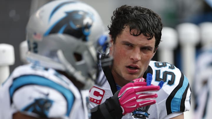 Carolina Panthers middle linebacker Luke Kuechly (59), former St. Xavier High school star, talks with a teammate on the sidelines during the fourth quarter of their game played at Paul Brown Stadium in Cincinnati, Ohio Sunday October 12, 2014.

Bengals Panther 10122014 37