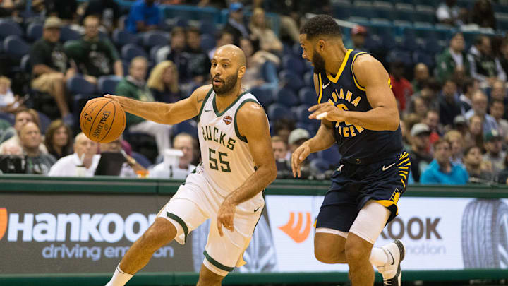 Oct 4, 2017; Milwaukee, WI, USA; Milwaukee Bucks guard Kendall Marshall (55) during the game against the Indiana Pacers at BMO Harris Bradley Center. Mandatory Credit: Jeff Hanisch-Imagn Images
