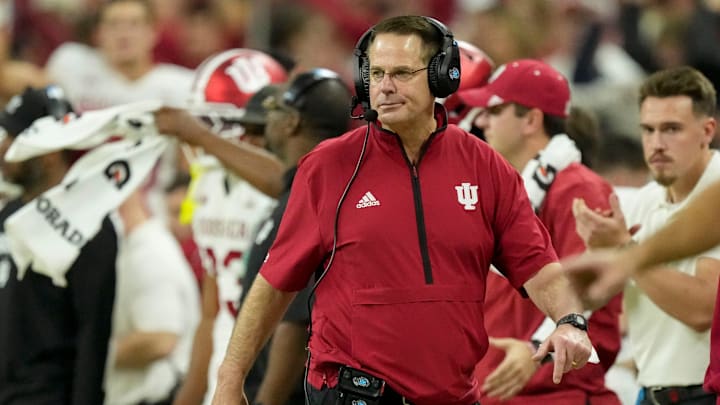 Indiana Hoosiers head coach Curt Cignetti walks the sideline Sunday, Dec. 7, 2025, during the Big Ten football championship against the Ohio State Buckeyes at Lucas Oil Stadium in Indianapolis. Indiana Hoosiers head coach Curt Cignetti walks the sideline Sunday, Dec. 7, 2025, during the Big Ten football championship against the Ohio State Buckeyes at Lucas Oil Stadium in Indianapolis.