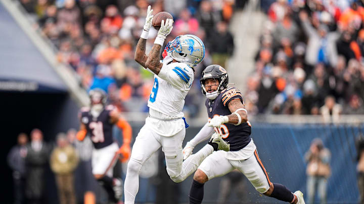 Detroit Lions wide receiver Williams makes a catch against Chicago Bears safety Owens during the first half at Soldier Field in Chicago, Ill. on Sunday, Dec. 22, 2024.