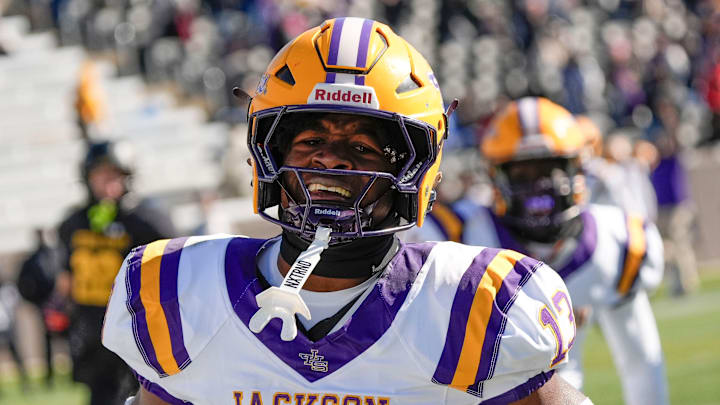 Jackson's Ezavier Crowell (13) breaks a long touchdown run on the Aggies' first possession against Cherokee County at Protective Stadium in the AHSAA 4A state championship game in 2024.