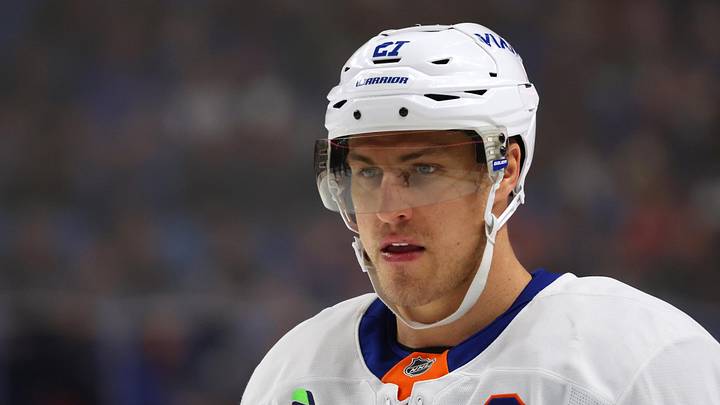Dec 20, 2025; Buffalo, New York, USA;  New York Islanders left wing Anders Lee (27) during a stoppage in play against the Buffalo Sabres at KeyBank Center. Mandatory Credit: Timothy T. Ludwig-Imagn Images