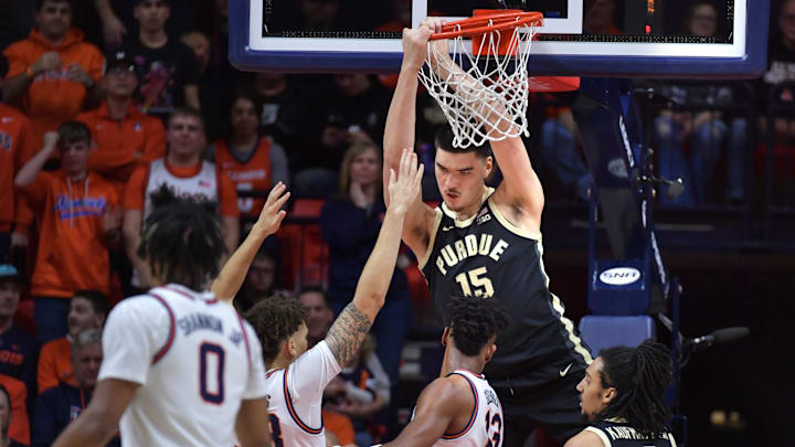 Mar 5, 2024; Champaign, Illinois, USA; Purdue Boilermakers center Zach Edey (15) dunks the ball