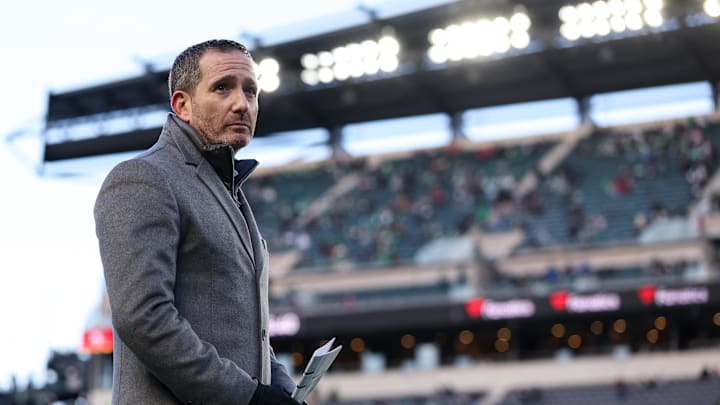 Jan 11, 2026; Philadelphia, PA, USA; Philadelphia Eagles general manager Howie Roseman looks on during warmups prior to an NFC Wild Card Round game against the San Francisco 49ers at Lincoln Financial Field. Mandatory Credit: Bill Streicher-Imagn Images
