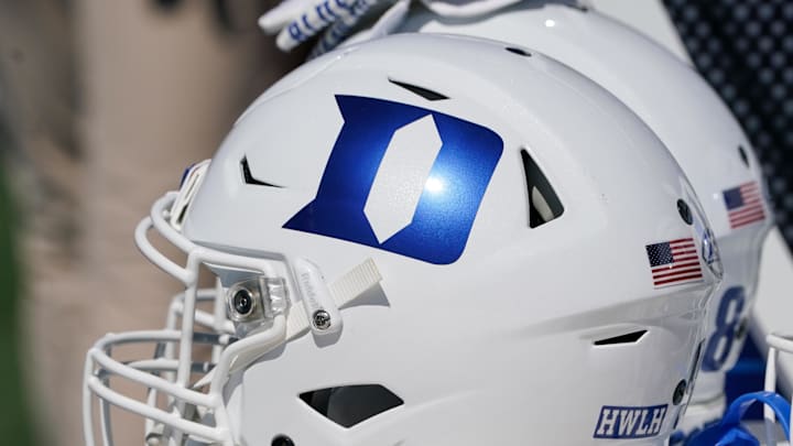 Sep 24, 2022; Lawrence, Kansas, USA; A general view of a Duke Blue Devils helmet against the Kansas Jayhawks during the second half of the game at David Booth Kansas Memorial Stadium. Mandatory Credit: Denny Medley-Imagn Images Sep 24, 2022; Lawrence, Kansas, USA; A general view of a Duke Blue Devils helmet against the Kansas Jayhawks during the second half of the game at David Booth Kansas Memorial Stadium. Mandatory Credit: Denny Medley-Imagn Images