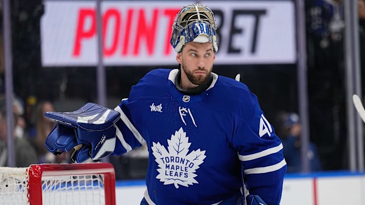 Apr 20, 2025; Toronto, Ontario, CAN; Toronto Maple Leafs goaltender Anthony Stolarz (41) during a break in the action against the Ottawa Senators during the second period of game one of the first round of the 2025 Stanley Cup Playoffs at Scotiabank Arena. Mandatory Credit: John E. Sokolowski-Imagn Images