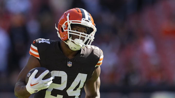 Oct 20, 2024; Cleveland, Ohio, USA; Cleveland Browns running back Nick Chubb (24) runs the ball during warmups before the game against the Cincinnati Bengals at Huntington Bank Field. Mandatory Credit: Scott Galvin-Imagn Images