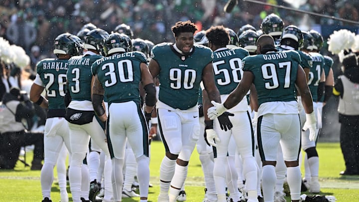 Dec 14, 2025; Philadelphia, Pennsylvania, USA; Philadelphia Eagles defensive tackle Jordan Davis (90) during player introductions against the Las Vegas Raiders at Lincoln Financial Field. Mandatory Credit: Eric Hartline-Imagn Images