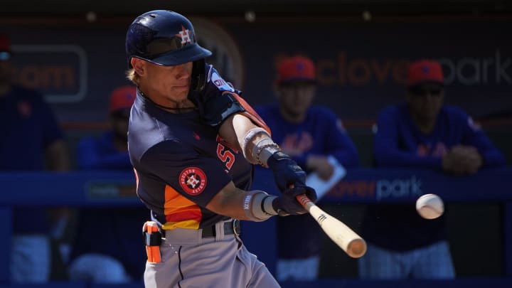 Feb 25, 2024; Port St. Lucie, Florida, USA; Houston Astros outfielder Kenedy Corona (89) hits a single in the fifth inning against the New York Mets at Clover Park. Feb 25, 2024; Port St. Lucie, Florida, USA; Houston Astros outfielder Kenedy Corona (89) hits a single in the fifth inning against the New York Mets at Clover Park.