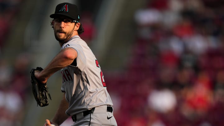 Arizona Diamondbacks pitcher Zac Gallen (23) delivers a pitch in the first inning of a baseball game between the Arizona Diamondbacks and Cincinnati Reds, Tuesday, May 7, 2024, at Great American Ball Park in Cincinnati.