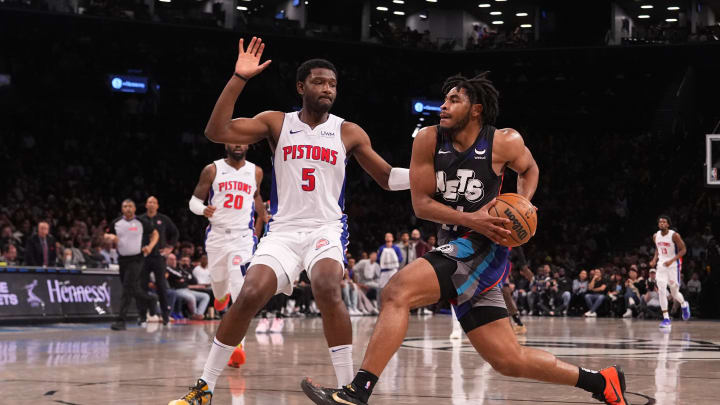Apr 6, 2024; Brooklyn, New York, USA; Brooklyn Nets shooting guard Cam Thomas (24) drives toward the basket against Detroit Pistons power forward Chimezie Metu (5) during the second half at Barclays Center. Mandatory Credit: Gregory Fisher-USA TODAY Sports Apr 6, 2024; Brooklyn, New York, USA; Brooklyn Nets shooting guard Cam Thomas (24) drives toward the basket against Detroit Pistons power forward Chimezie Metu (5) during the second half at Barclays Center. Mandatory Credit: Gregory Fisher-USA TODAY Sports
