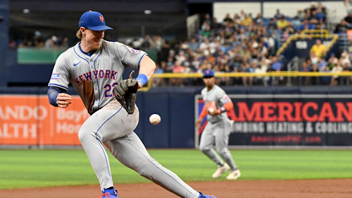 May 5, 2024; St. Petersburg, Florida, USA; New York Mets third baseman Brett Baty (22) attempts to