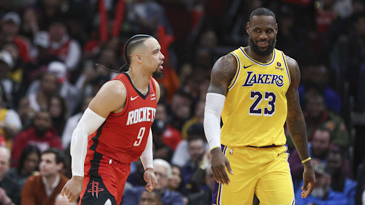Jan 29, 2024; Houston, Texas, USA; Houston Rockets forward Dillon Brooks (9) reacts toward Los Angeles Lakers forward LeBron James (23) after scoring a basket during the fourth quarter at Toyota Center. Mandatory Credit: Troy Taormina-USA TODAY Sports