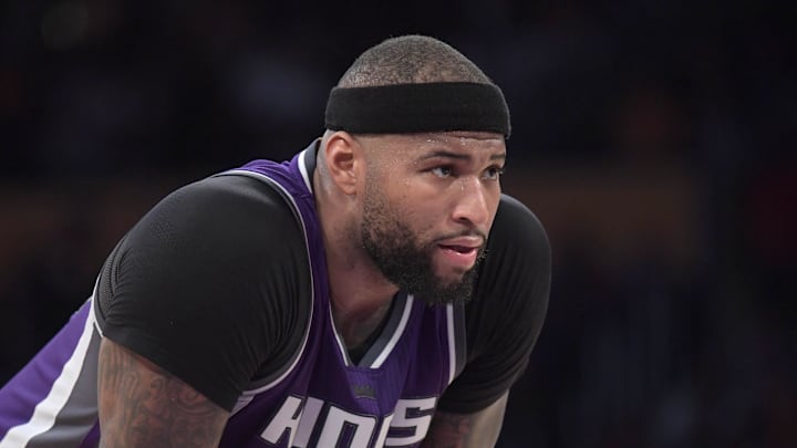 Feb 14, 2017; Los Angeles, CA, USA; Sacramento Kings forward DeMarcus Cousins (15) reacts during a NBA basketball game against the Los Angeles Lakers at Staples Center. The Kings defeated the Lakers 97-96. Mandatory Credit: Kirby Lee-Imagn Images